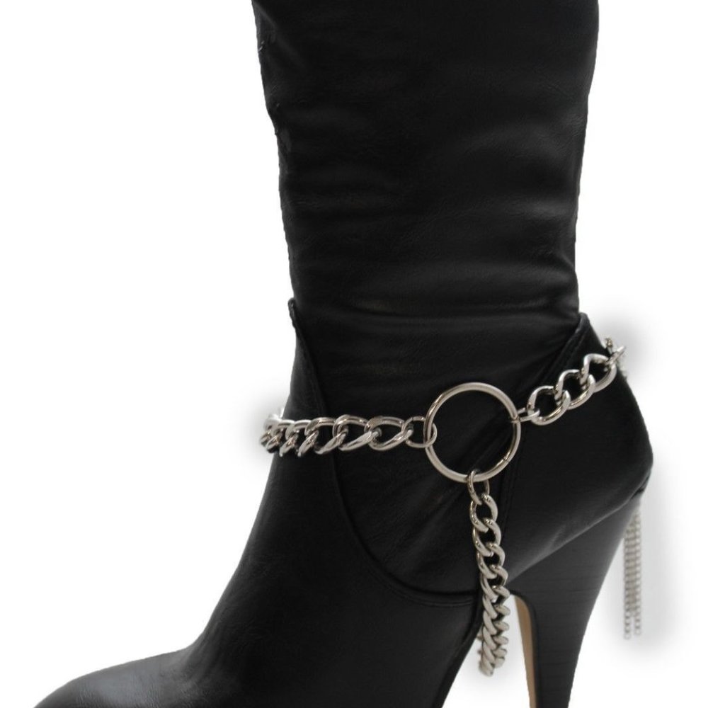 Women Silver Metal Boot Chain Bracelet Circle Back Tassel Shoe Charm Anklet - Picture 9 of 12